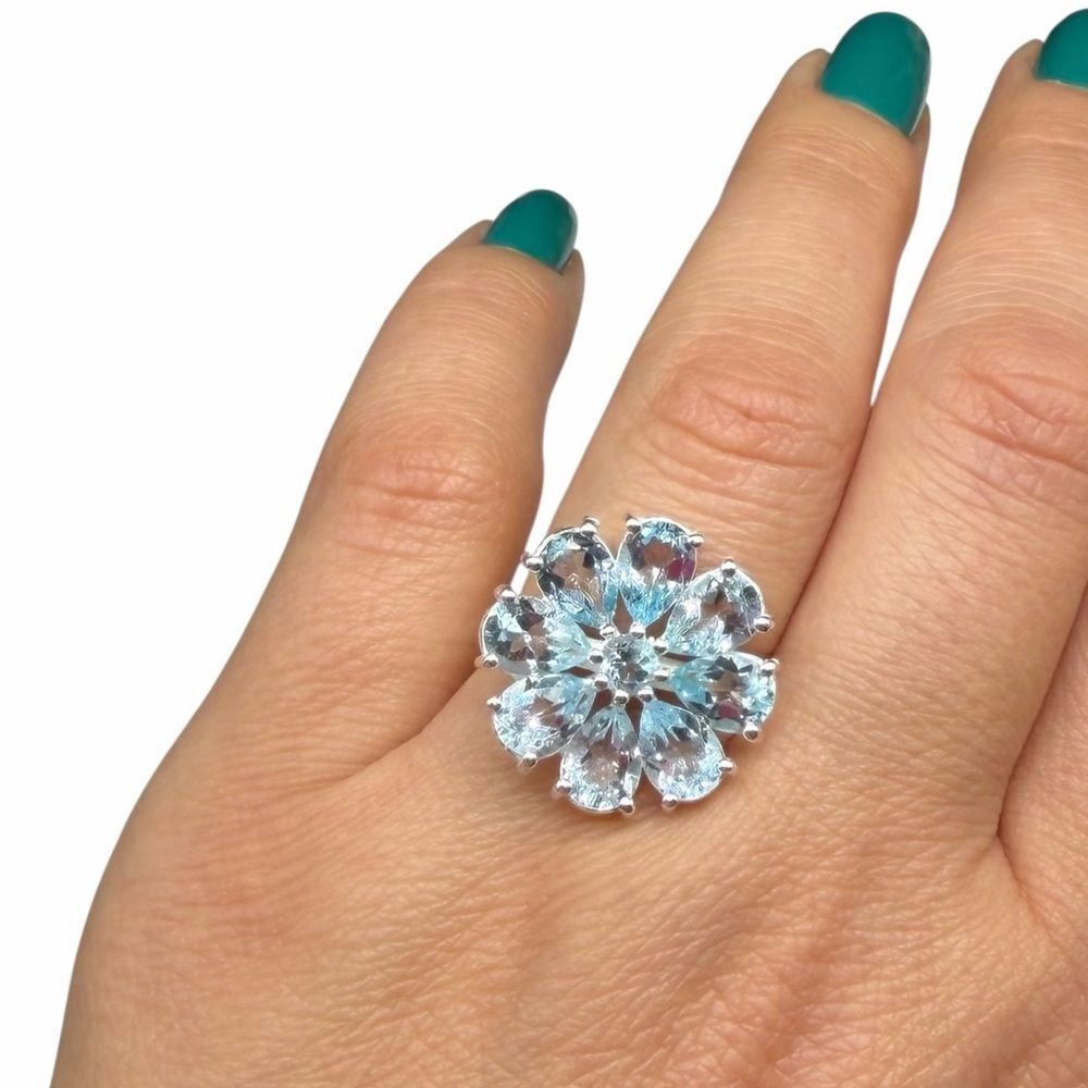 Blue Topaz Flower Ring Size 9 Solid 925 Sterling Silver Daisy Multi Stone